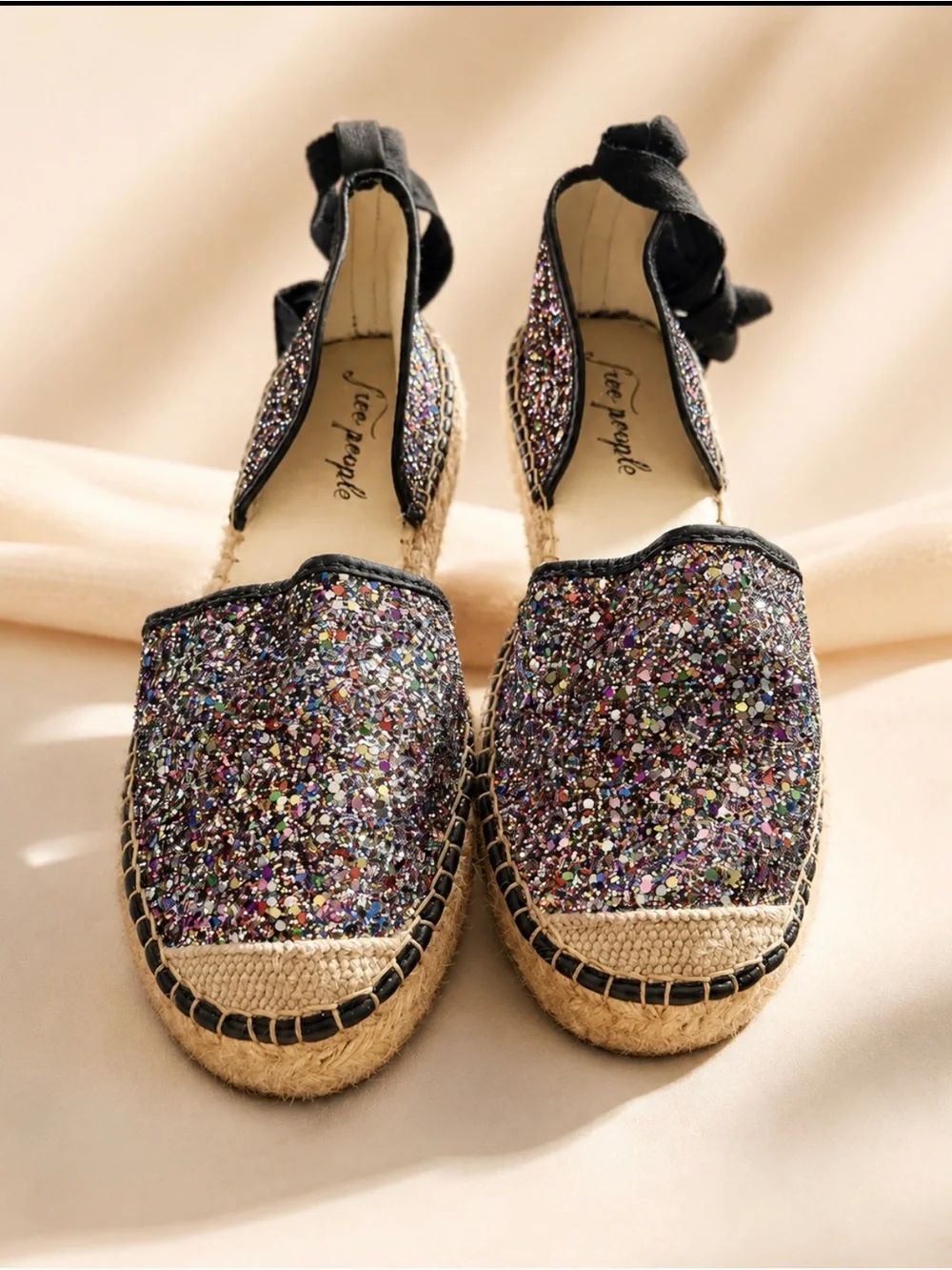 Free People Multicolor Glitter Espadrille Flats with Black Ankle Tie